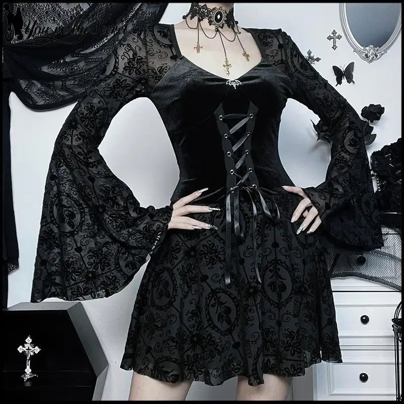 Women Gothic Halloween Witch Dress Velvet V Neck Flocked Mesh Bell Sleeve Mini Dress Vintage Vampire Cosplay Party Outfits