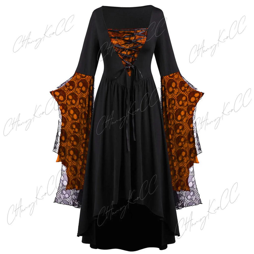 Vintage Halloween Cosplay Costume Witch Vampire Gothic Dress Ghost Dresses Up Party Printed Medieval Ghost Bride Female Clothes