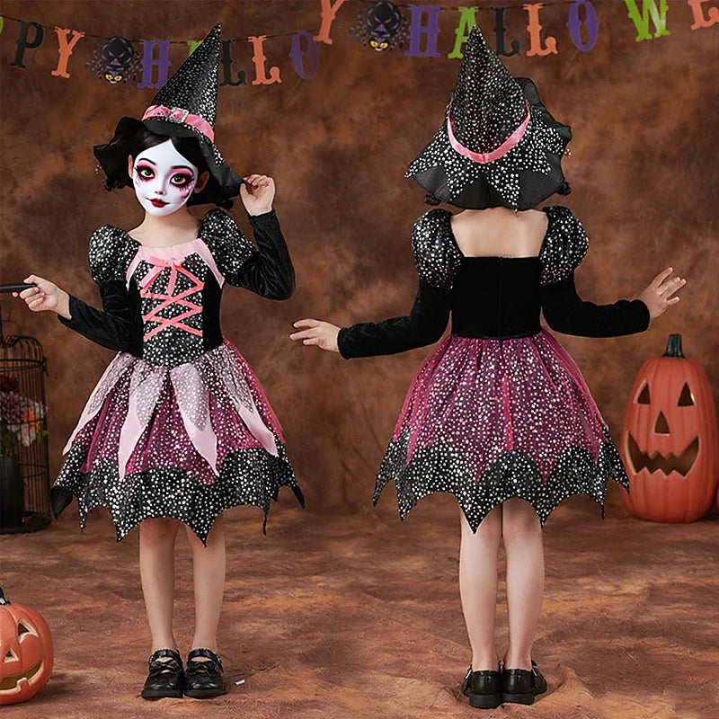 Halloween Party Costumes Witch Dress for Girls Kids Cosplay Carnival Clothes with Hat Bag Carnival Party Outfits