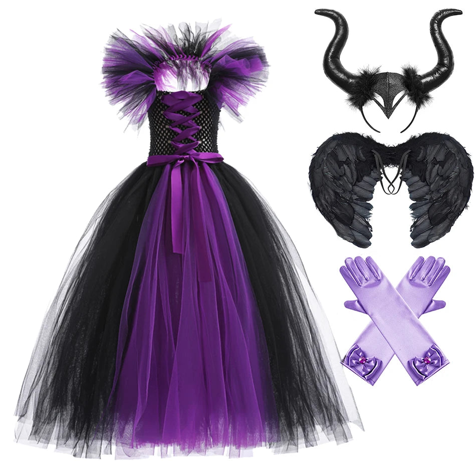 Halloween Witch Dress Girl Evil Queen Cosplay Costume Handmade Knitted Tulle Tutu Ruffles Floor Length Princess Outfits