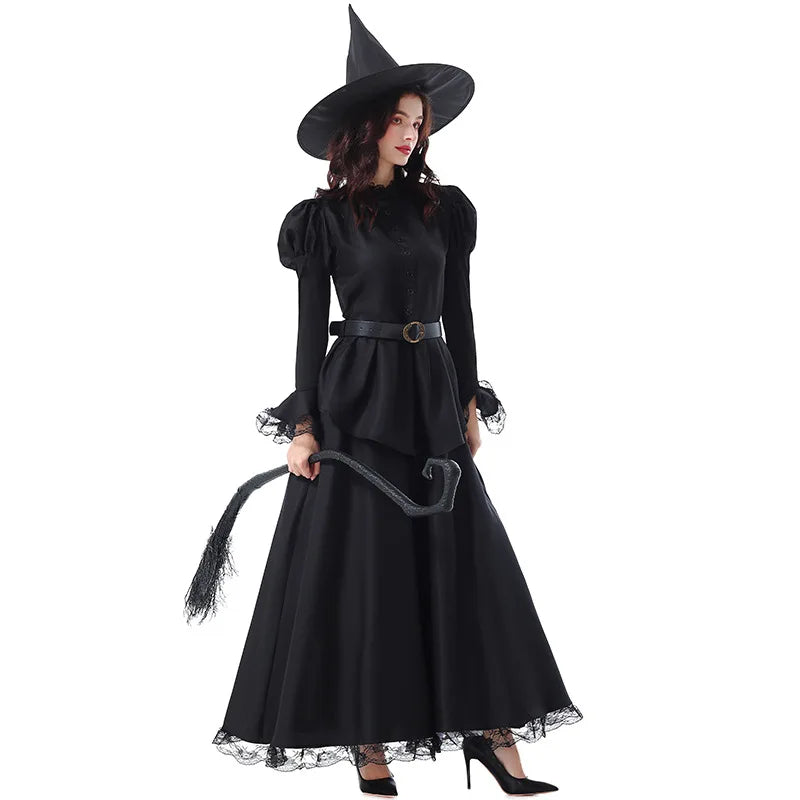 Halloween Witch Costume Black Lace Magical Wizard Dress Hat Belt 3pcs Set Women Gothic Elegant Party Outfit Movie Character Cos