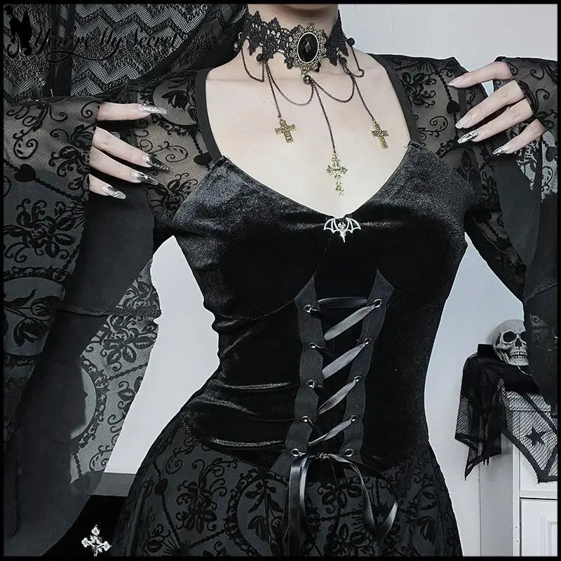 Women Gothic Halloween Witch Dress Velvet V Neck Flocked Mesh Bell Sleeve Mini Dress Vintage Vampire Cosplay Party Outfits