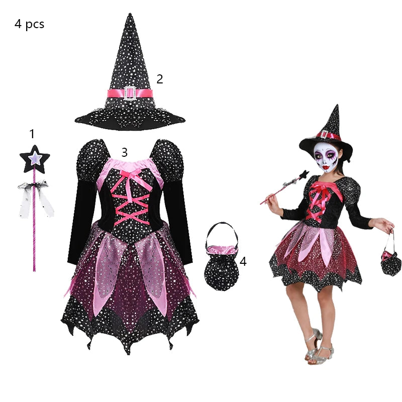 Halloween Party Costumes Witch Dress for Girls Kids Cosplay Carnival Clothes with Hat Bag Carnival Party Outfits