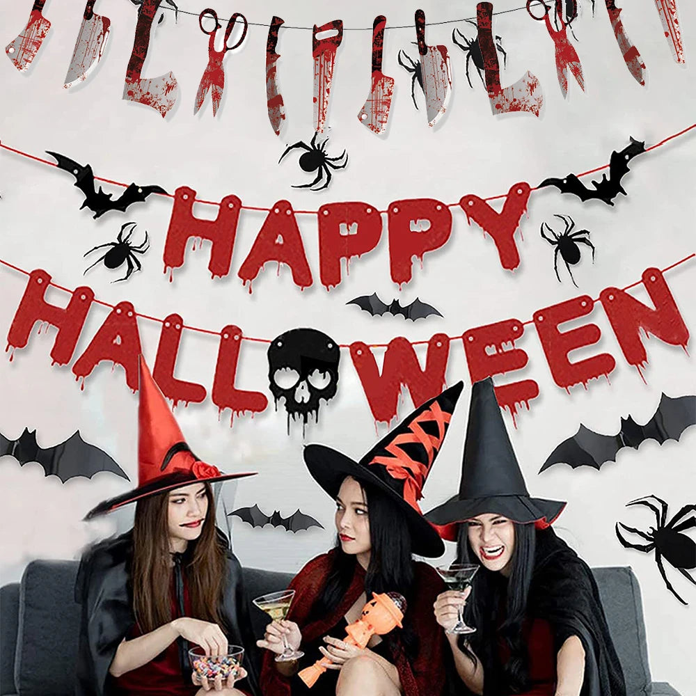 Halloween Party Decoration Happy Halloween Banner Bloody Butcher Knife Killer Tools Paper Garland for Horror Haunted House Decor