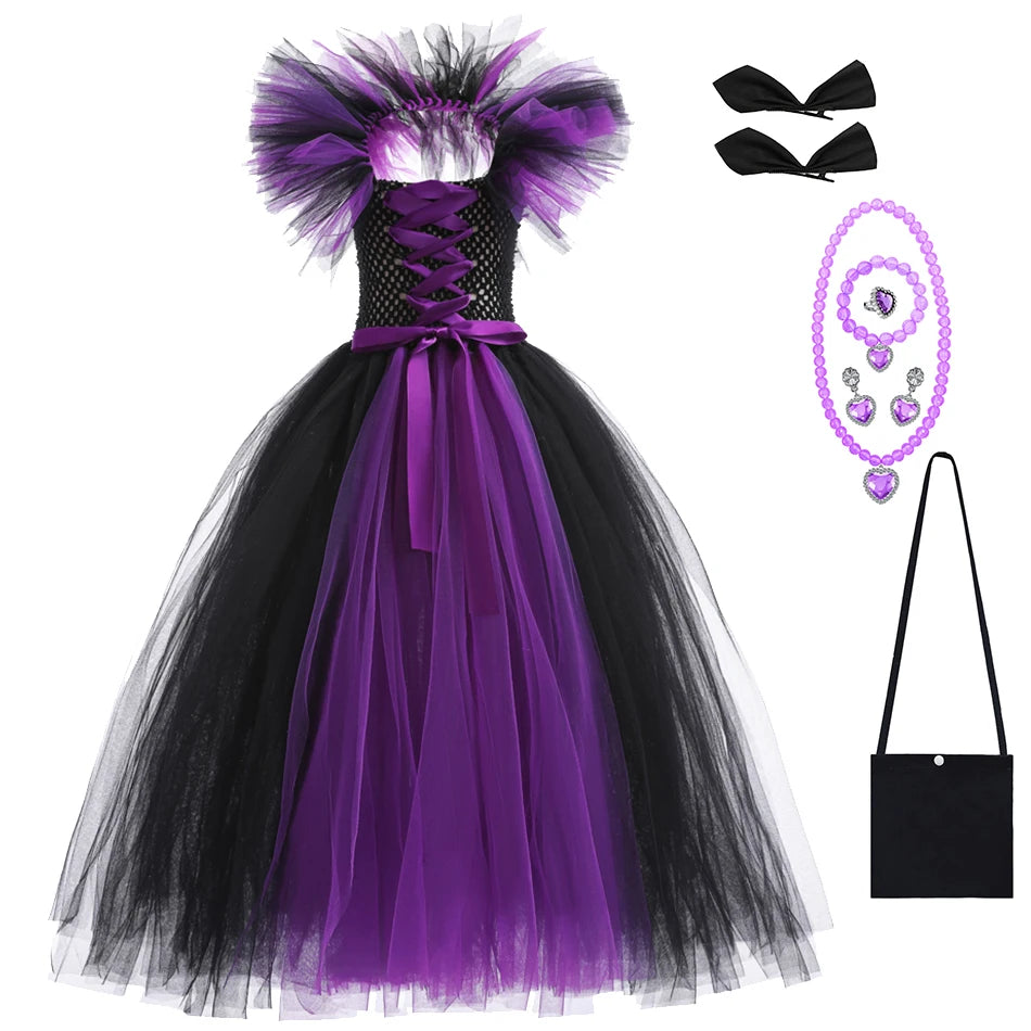 Halloween Witch Dress Girl Evil Queen Cosplay Costume Handmade Knitted Tulle Tutu Ruffles Floor Length Princess Outfits