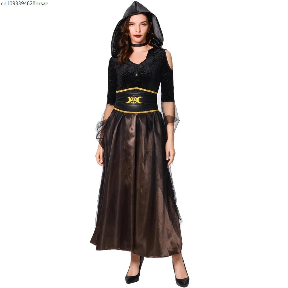 Halloween Adult Witch Cosplay Costume Gothic Hooded Long Dress Cold Shoulder Mesh Sleeve Vampire Grim Reaper Party Stage Gown