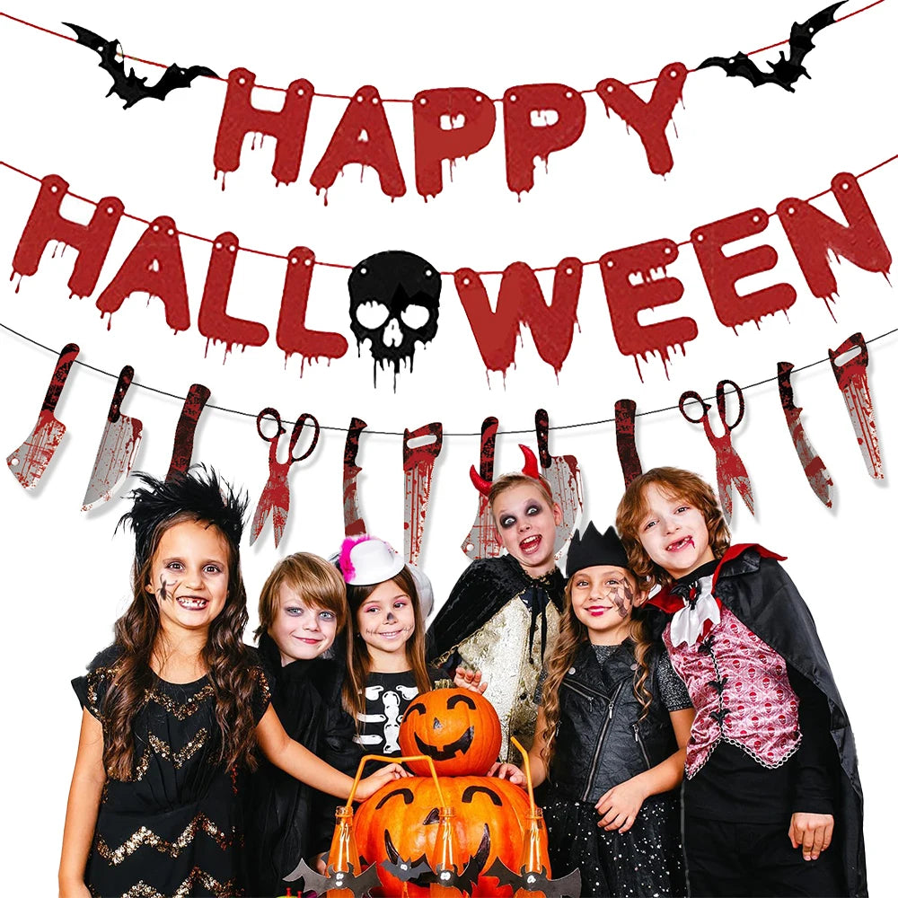 Halloween Party Decoration Happy Halloween Banner Bloody Butcher Knife Killer Tools Paper Garland for Horror Haunted House Decor