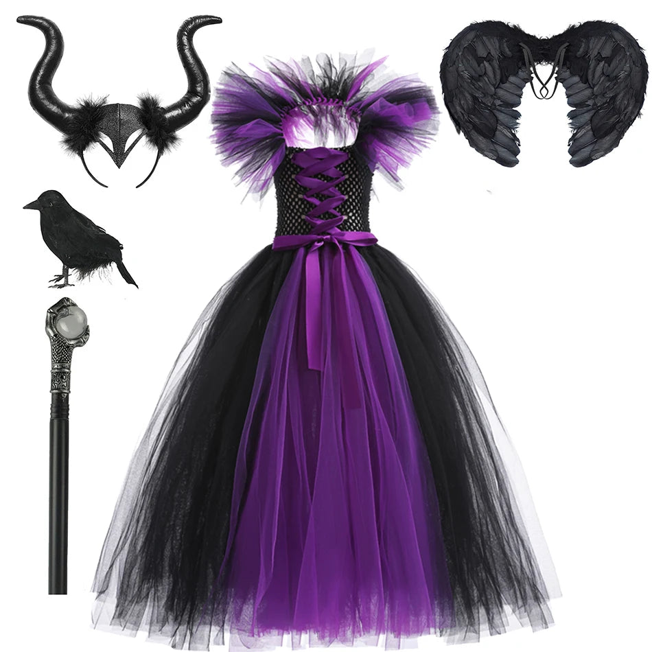 Halloween Witch Dress Girl Evil Queen Cosplay Costume Handmade Knitted Tulle Tutu Ruffles Floor Length Princess Outfits