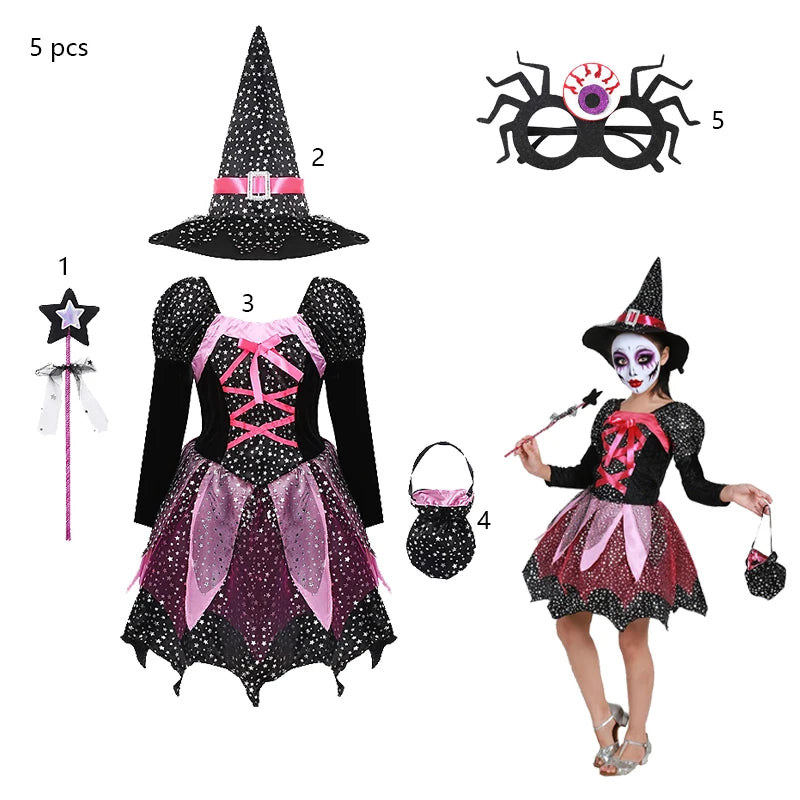 Halloween Party Costumes Witch Dress for Girls Kids Cosplay Carnival Clothes with Hat Bag Carnival Party Outfits