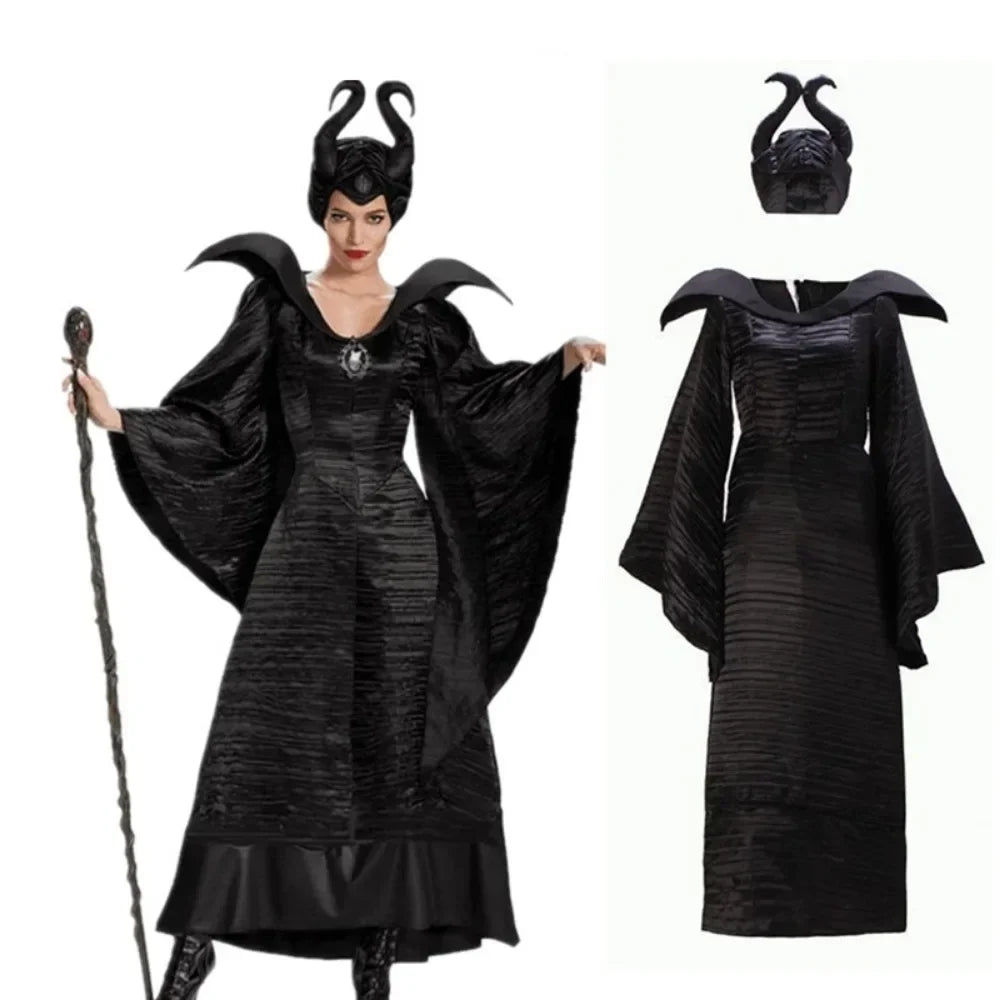 Maleficent Witch Costume Dark Witch Queen Dress Women Halloween Gothic Vampire Costume Stepmother Witch Dress Hat