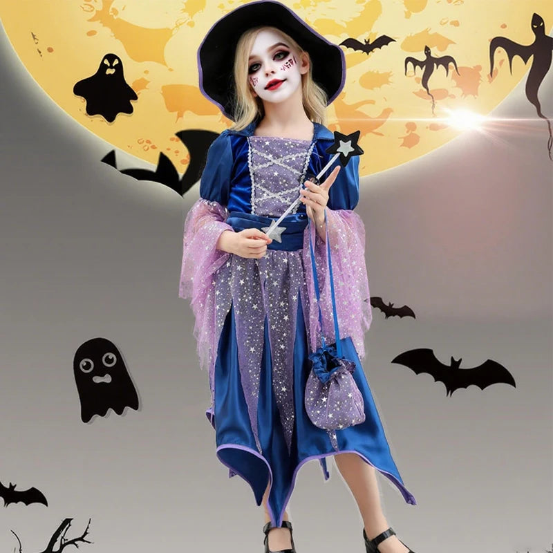 Halloween Party Costumes Witch Dress for Girls Kids Cosplay Carnival Clothes with Hat Bag Carnival Party Outfits