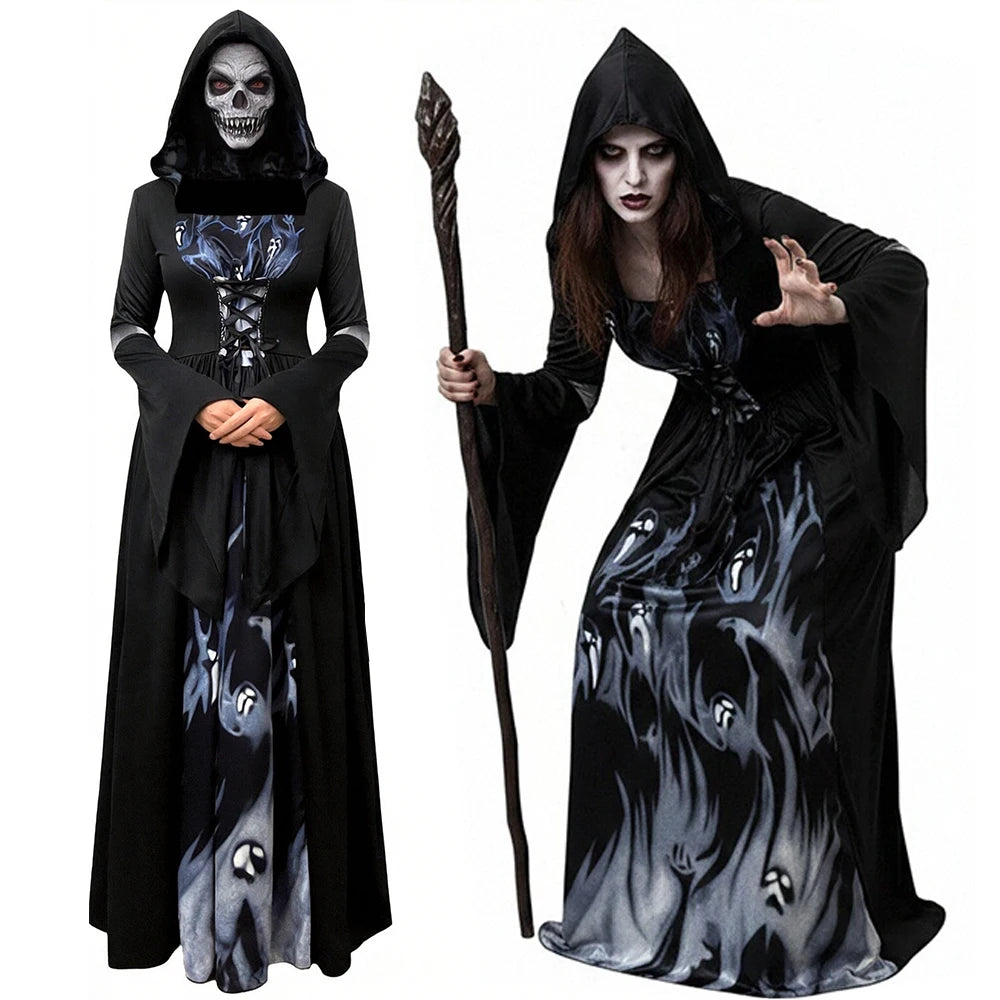 Halloween Witch Dress Women's Gothic-Style Long Hooded Vampire Dress Vintage In Black with Ghost Print and Bell Sleeves Costumes