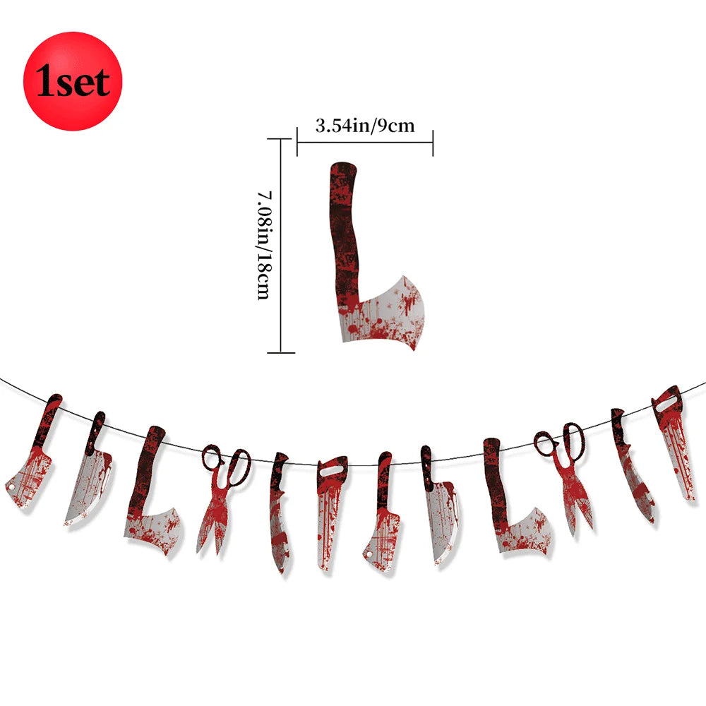 Halloween Party Decoration Happy Halloween Banner Bloody Butcher Knife Killer Tools Paper Garland for Horror Haunted House Decor